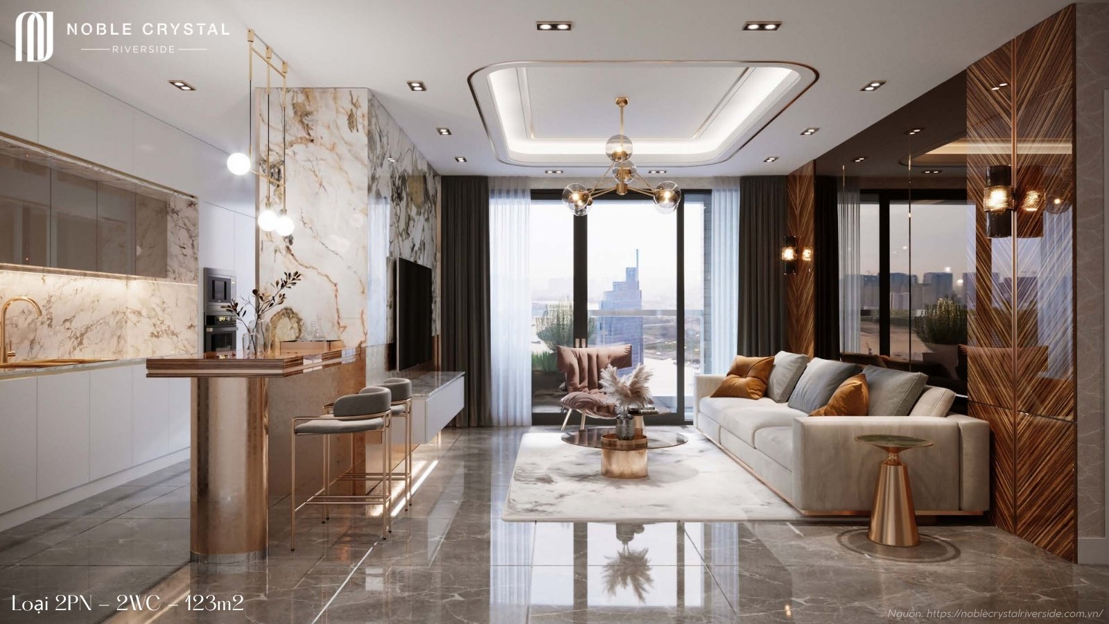 Nhà mẫu căn hộ 2 phòng ngủ, 2 WC, 123m2 chung cư Noble Crystal Riverside quận 7