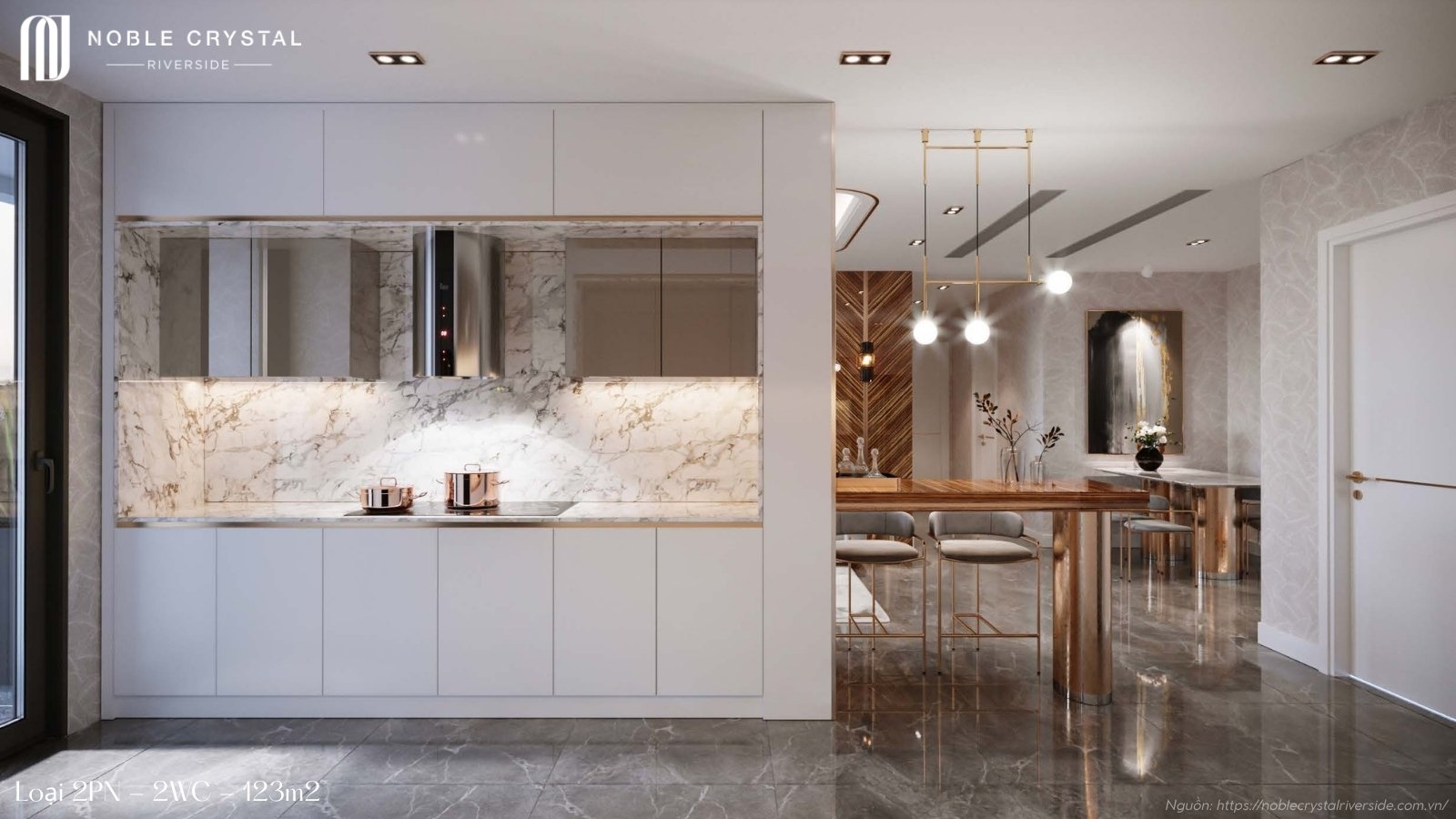 Nhà mẫu căn hộ 2 phòng ngủ, 2 WC, 123m2 chung cư Noble Crystal Riverside quận 7