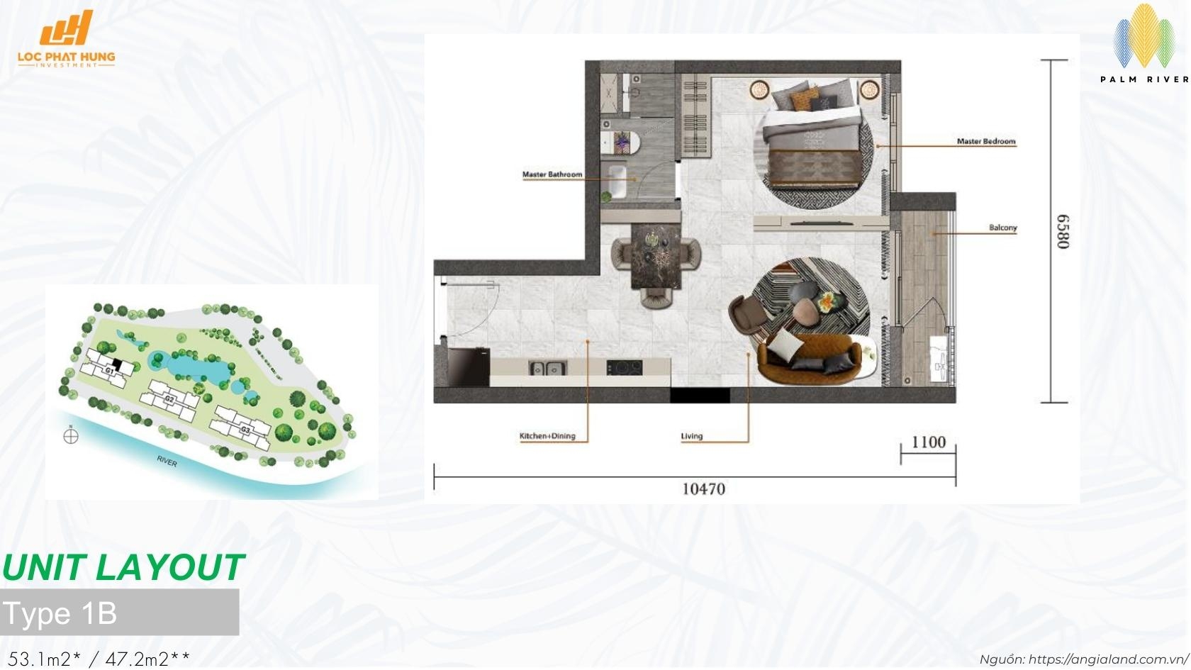 Mặt bằng căn hộ 1PN Type 1b dự án Palm River Quận 2
