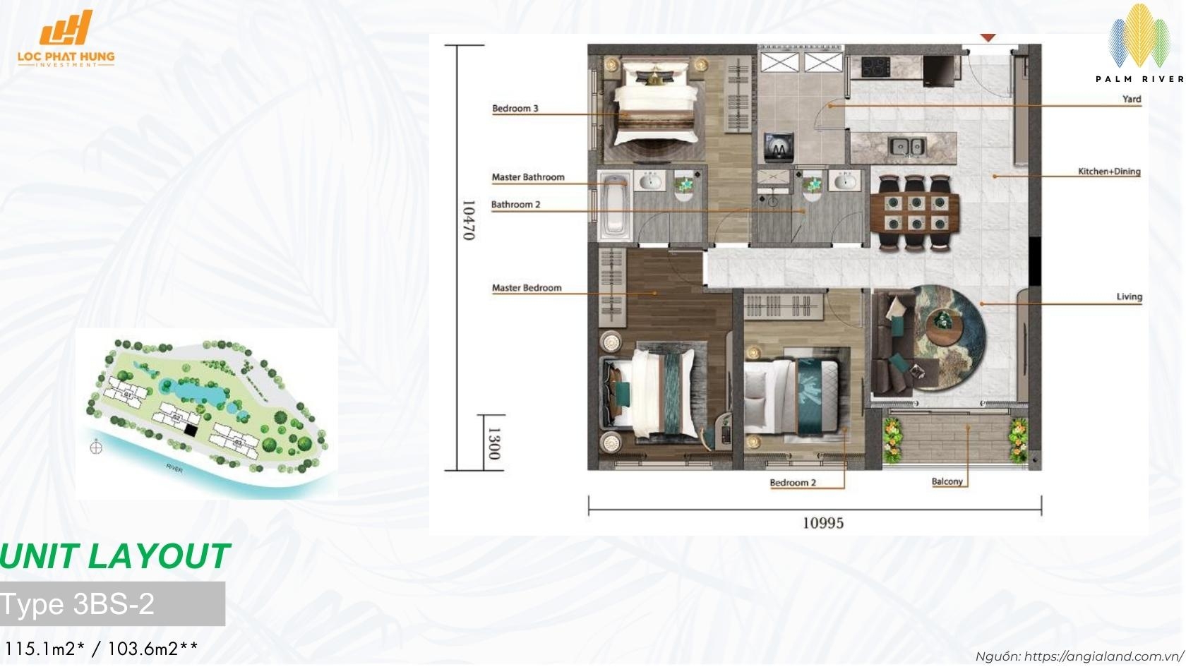 Mặt bằng căn hộ 3PN lớn Type 3bs 2 dự án Palm River Quận 2