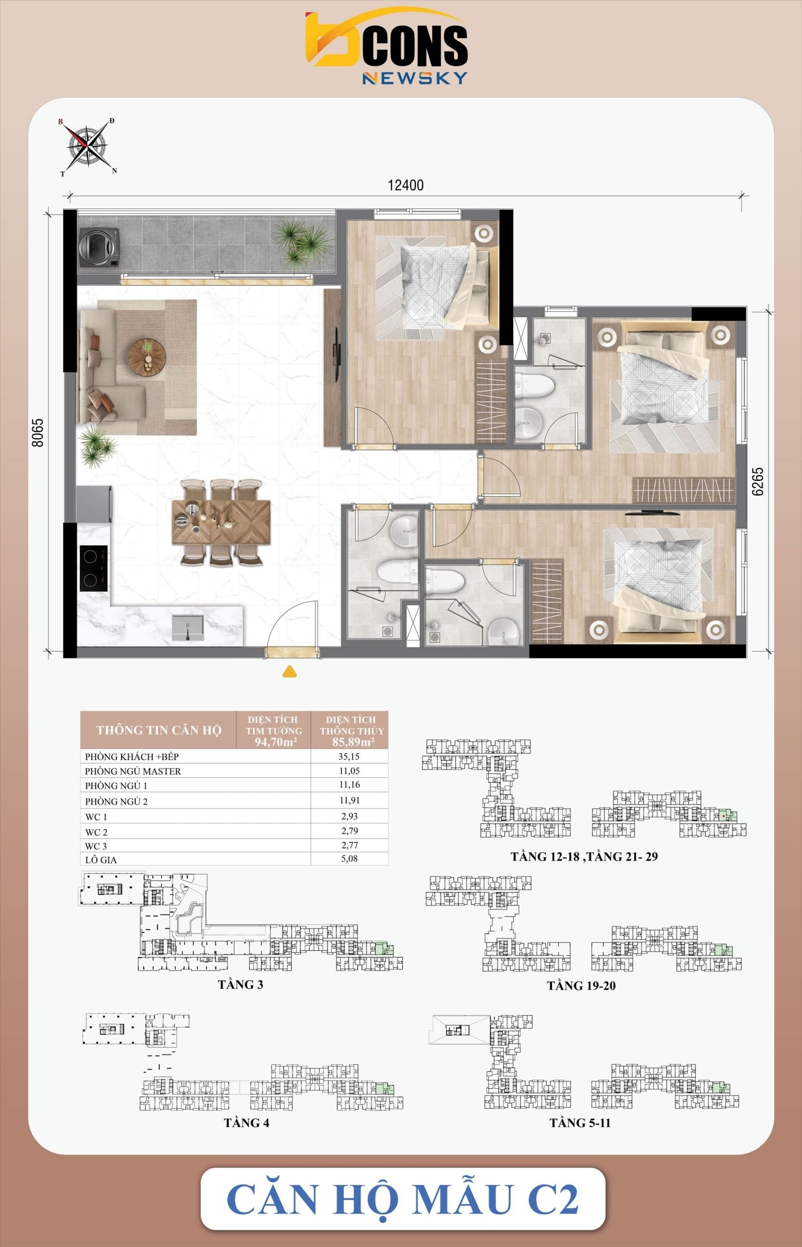 Layout Thiet Ke Can Ho Mau C2 Dien Tich 94m2 Du An Bcons Newsky Scaled 1 Căn hộ 3PN 3WC diện tích 94m2