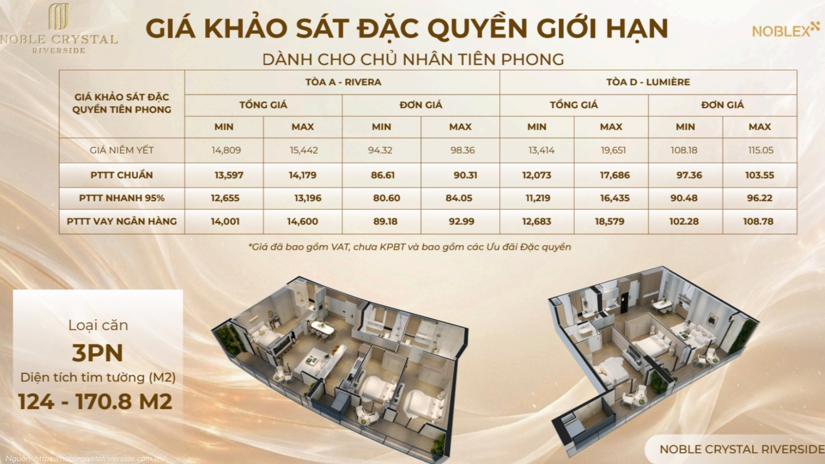 Bảng giá khảo sát đặc quyền giới hạn tòa A và tòa D Noble Crystal Riverside